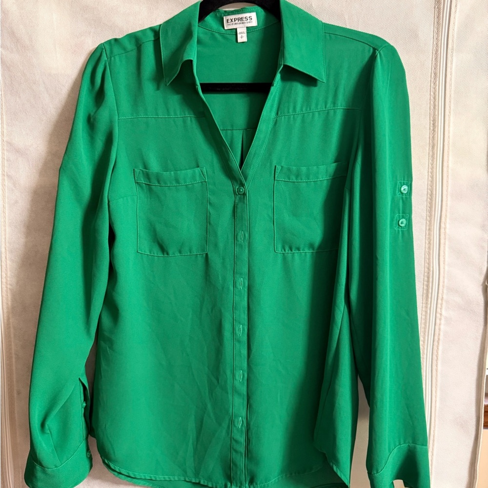 Express Green Button-Front Blouse Long Sleeve Size Small